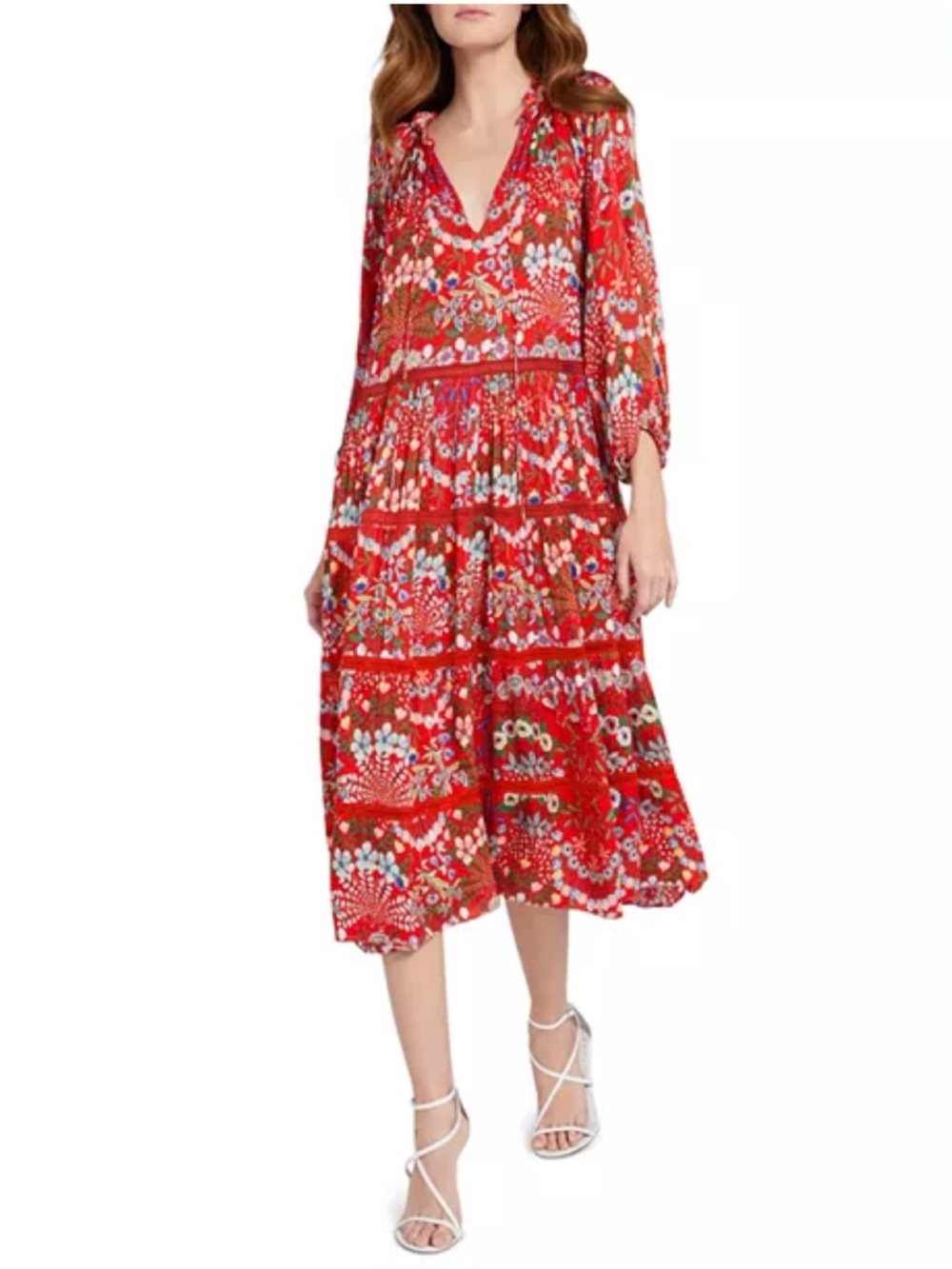 Alice + Olivia Layla Tiered Ruffle Midi Dress Red Floral Boho Coastal Large - Picture 2 of 16